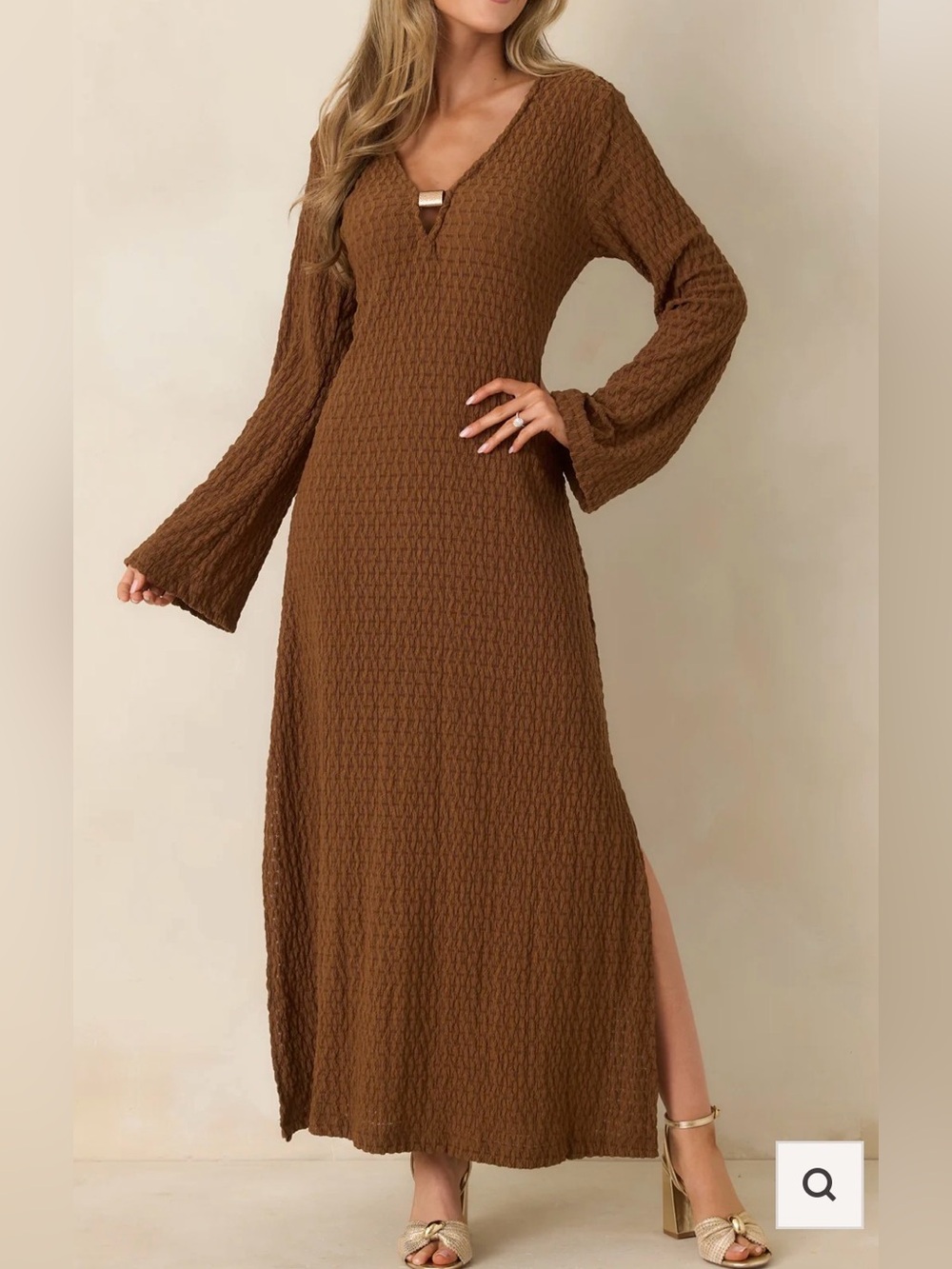 Dress Forum Brown Textured Maxi with Bell Sleeves Semi-Sheer V Neck Sz MED NWT